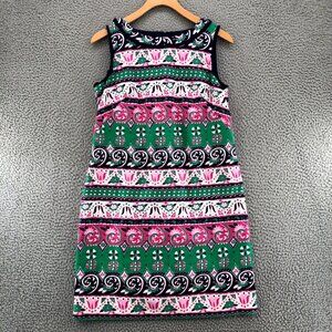 Talbots Dress Womens 6 Petite Green Multi Floral Shift Fringed Sleeveless Mini